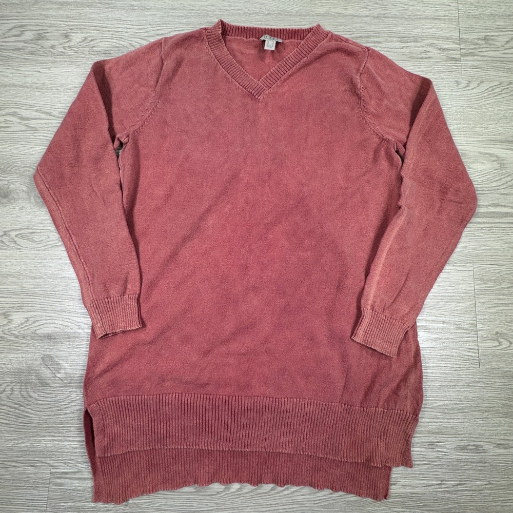 LOGO Lori Goldstein Women Sweater XS V-Neck Cotton Tunic Rose Pink High Low Hem